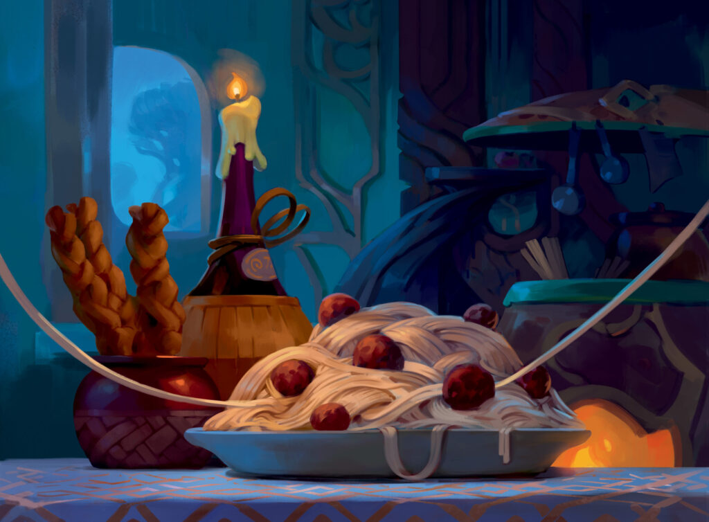 Plate of spaghetti with meatballs on a table with breadsticks, candle, bottle, and glowing stove.