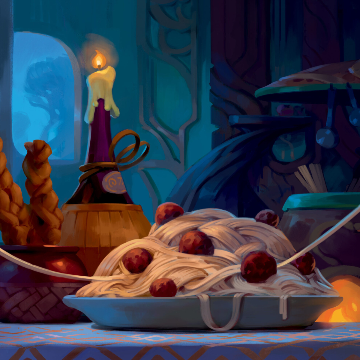 DISNEY LORCANA Plate of spaghetti with meatballs on a table with breadsticks, candle, bottle, and glowing stove.