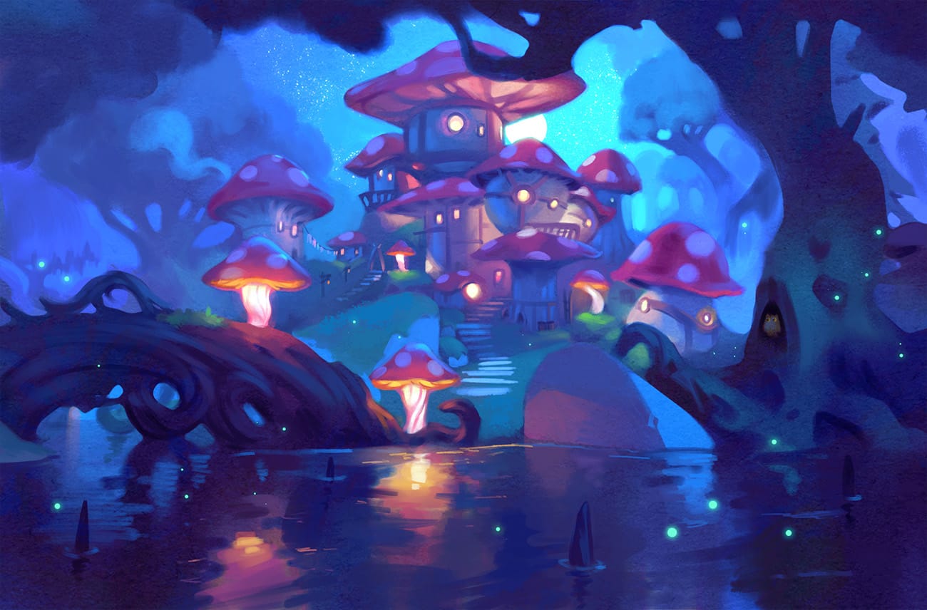 LAND OF EEM Nighttime fantasy village with glowing mushroom-shaped houses by water and trees.