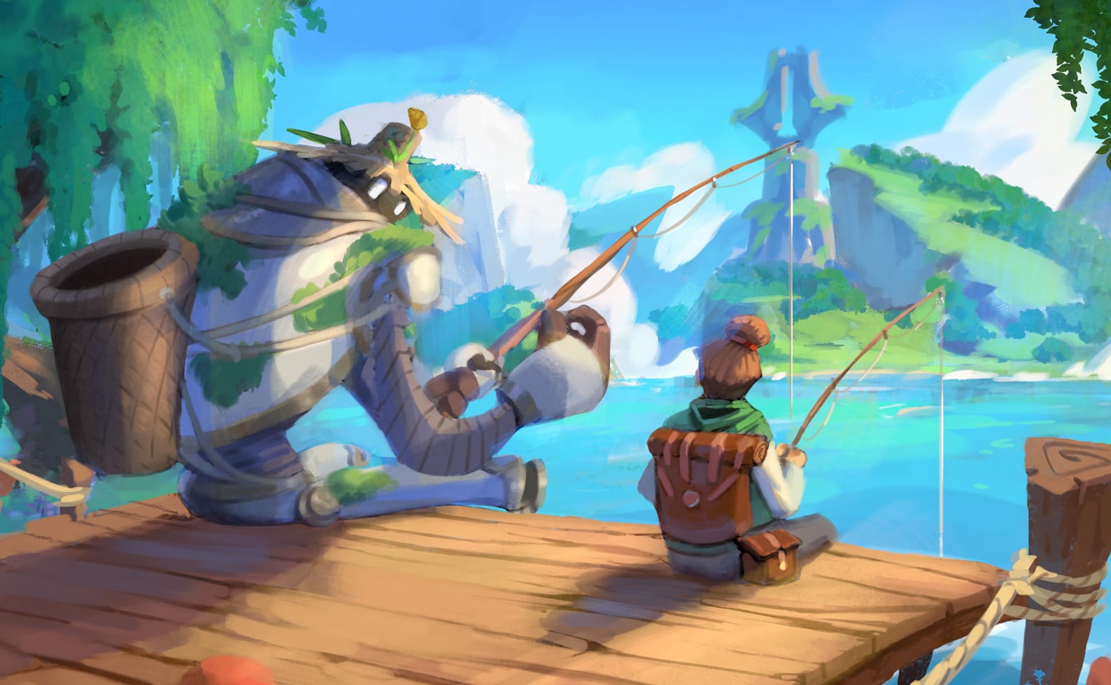 PALIA Animated robot with vines and a person fishing on a wooden dock by a blue lake with hills.