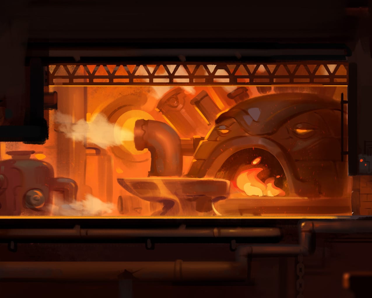 Industrial furnace room with glowing fire, metal pipes, and steam emitting from machinery.
